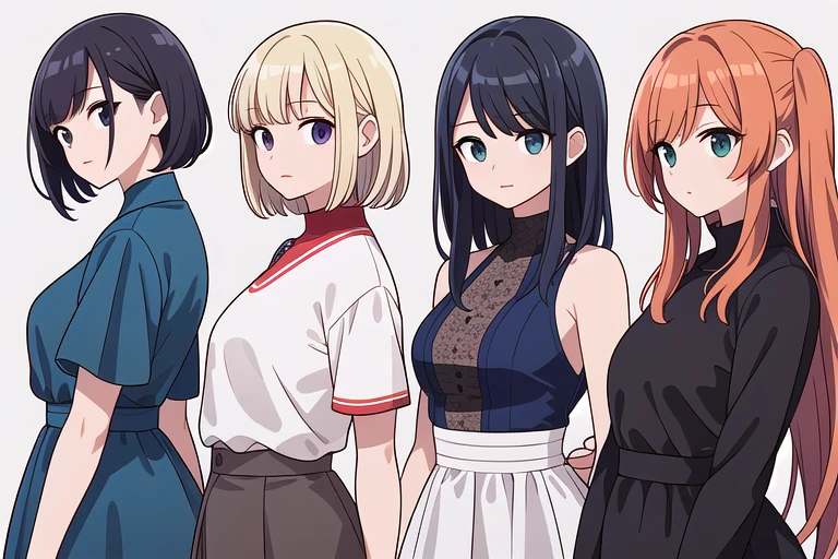 (((Best Quality))) , ((upper body)), 4 lady, adult woman, (facing away), multiple views, white background, variety of hairstyles, variety of fashion styles, fashionable and trendy atmosphere, dark blue/dark orange/dark green/dark violet/brown/white, (looking to the side, from side),