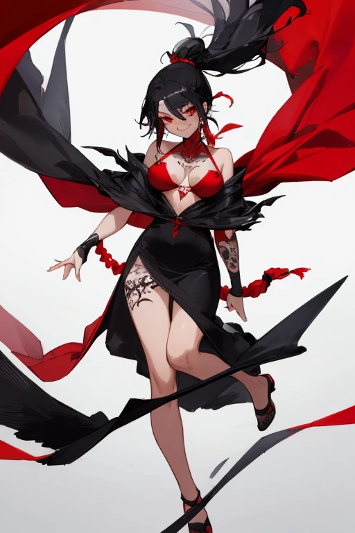 ((highest quality)), ((masterpiece)), (be familiar with),One female,Black Hair,Red eyes,Black Dress,Chest tattoo, Bewitching Smile,Heel,Black Hair,Hair tied around the neck,Red shawl,Erect nipples,whole body
