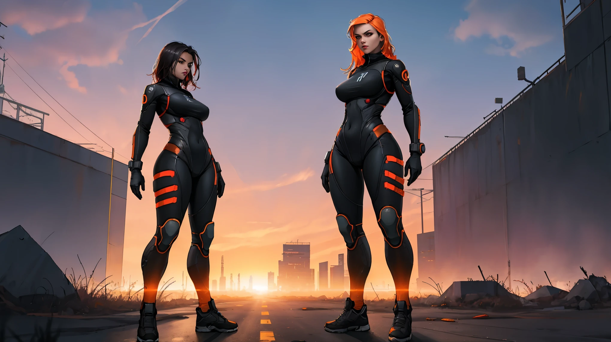 half life combine assassin, big breasts, thin, wide hips, high res, high resolution, thick thighs, realistic, raw photo, thick thighs, sexy body suit, standing pose, nipple outline, sunset, beautiful lighting, full body, wallpaper, 4k, 8k, background good hands thicc