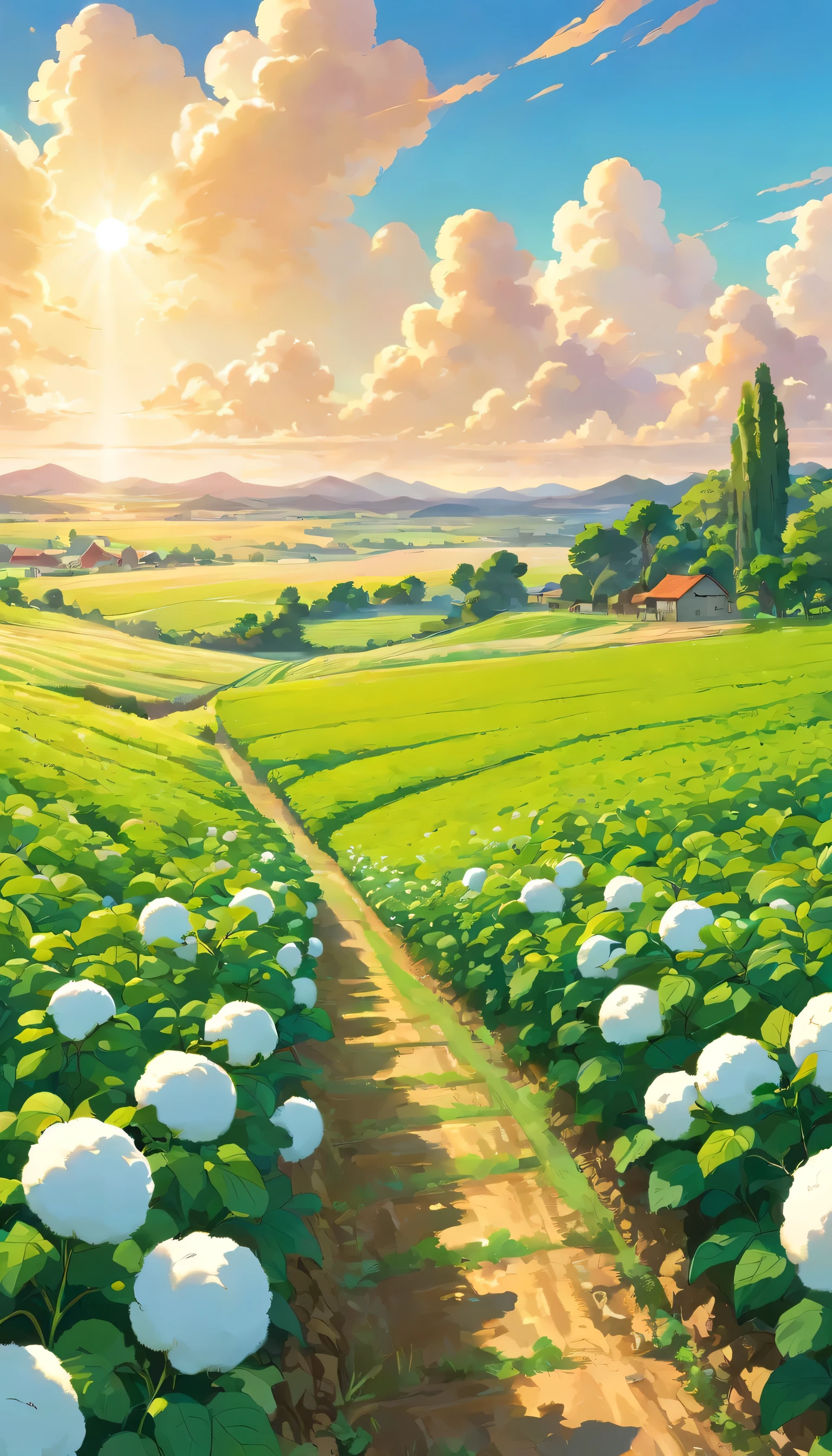 best quality,highres,ultra-detailed,cotton field,green and white,large plantation,beautiful patterns,harmony in colors,abundant crops,sunlit scenery,blue sky and fluffy white clouds,farm landscape,farmland scene,vibrant colors,nature's beauty,peaceful and serene,crisp and clear,high altitude view,fresh air and open space,a sense of tranquility,endless rows of cotton,soft and fluffy cotton balls,ripe and ready for harvest,expansive and vast,golden afternoon sunlight,gentle breeze swaying the crops,agricultural beauty,pure and natural,fields stretching to the horizon,detailed stalks and leaves,fresh and pure colors,every detail well-defined,rich and fertile soil,immersive and realistic scenery,peaceful countryside,quiet and calm setting,surrounded by nature,agricultural abundance,stillness of the landscape,remote and untouched,quintessential countryside,pristine and untouched by human hands