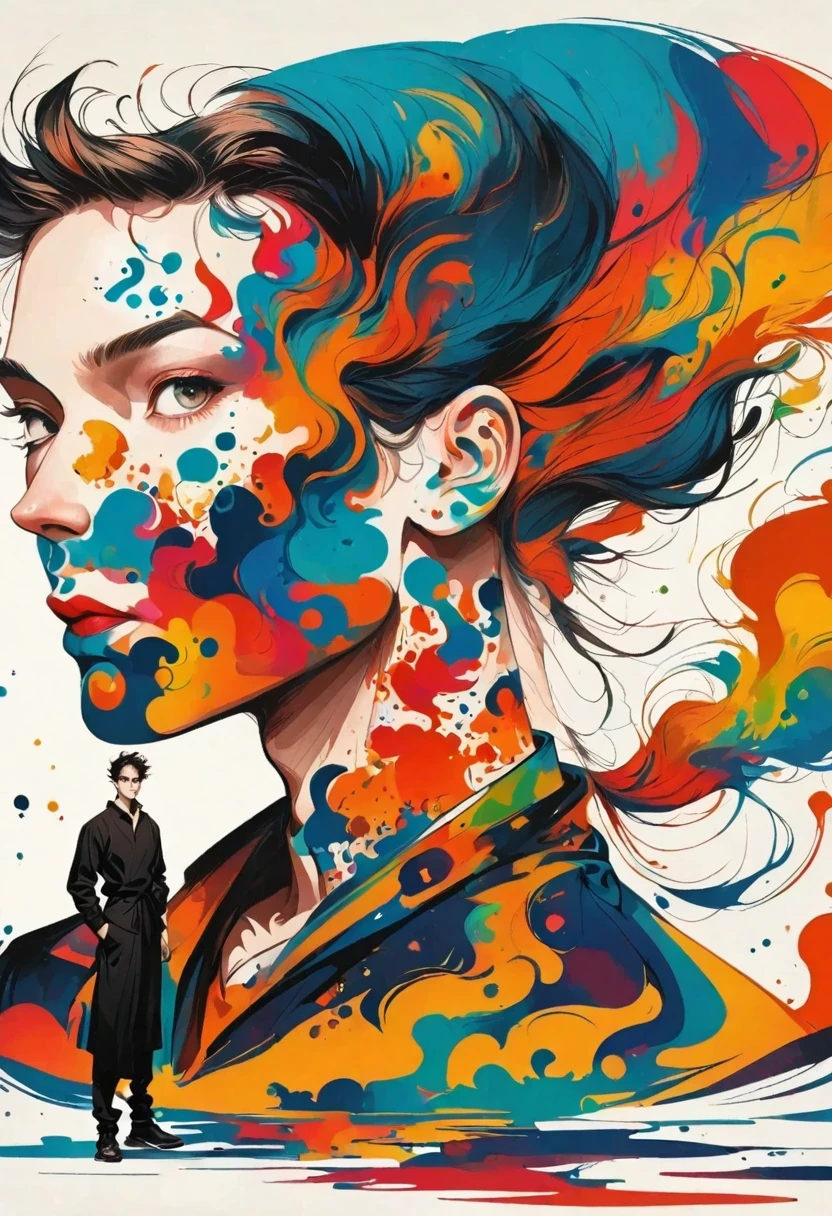 Male silhouette:jock:Dynamic poses:contour,ink splatter,Bold Colors,dynamically,rich and colorful,An abstract painting，Look closely，Like a person,artwork,mystery,design