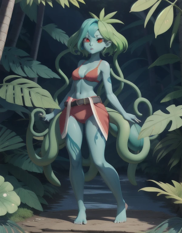 8k quality, high colours, Anthropomorphic girl, blue skin, (green hair), slim body, human face,red eyes, small breasts, leaf panties, leaf bra, plant tentacles from the body, hands on the belt, in a tropical forest, full body, on the lake