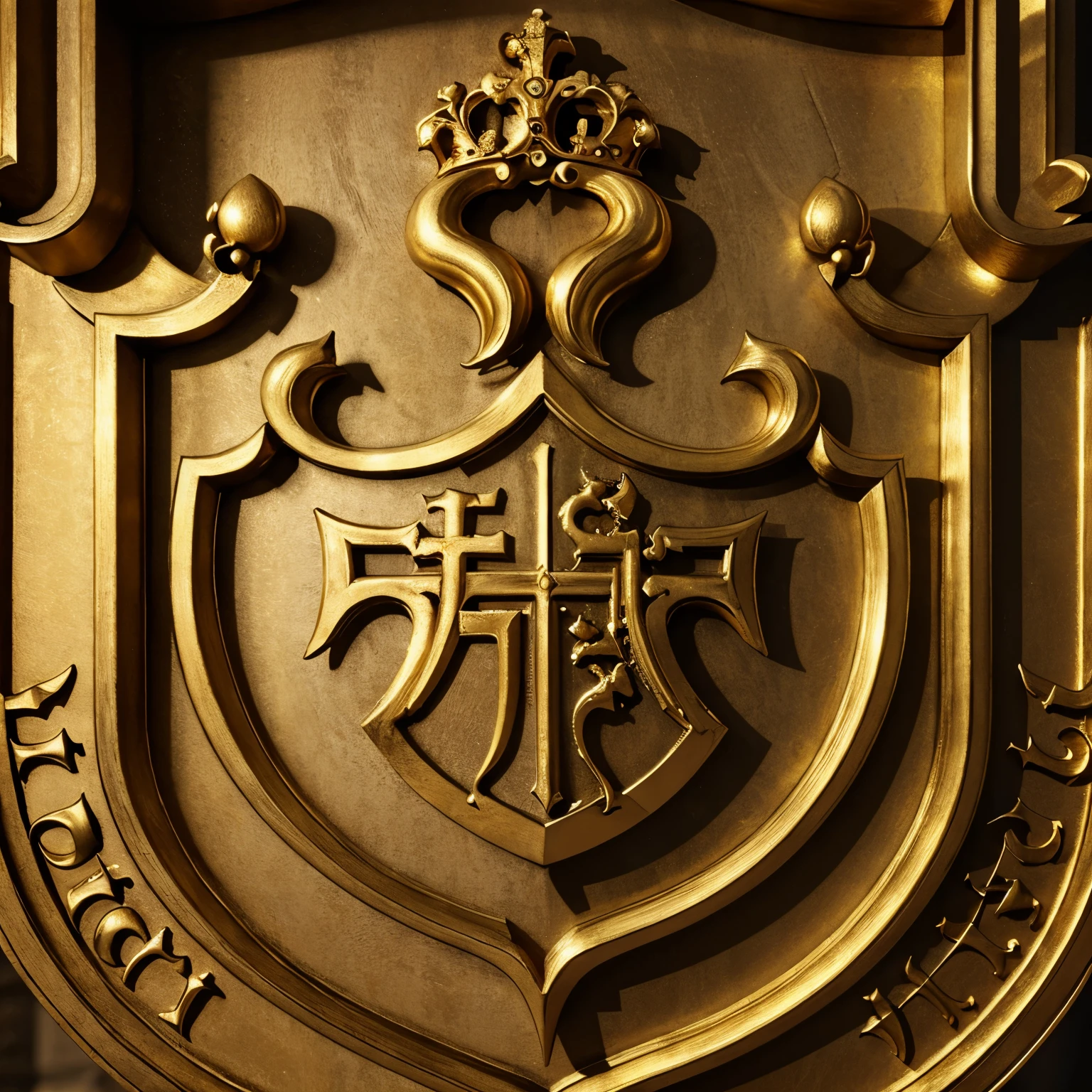 golden medieval coat of arms, hiperrealista e 3D, com a letra V em seu centro