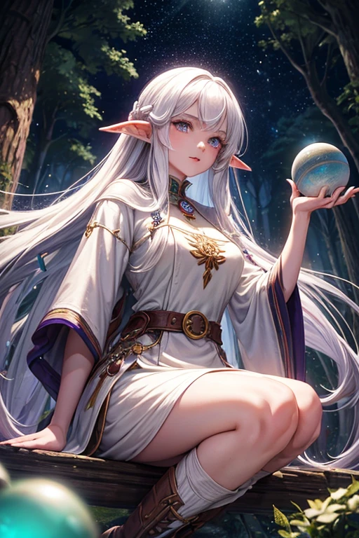30 year old elf woman with long white hair, long messy hairstyle with a fringe, pointed elf ears medieval oracle clothing white habit with purple decorations Gray eyes holding a purple crystal orb brown boots brown leather belt jade ornaments on the forest background with magic symbols