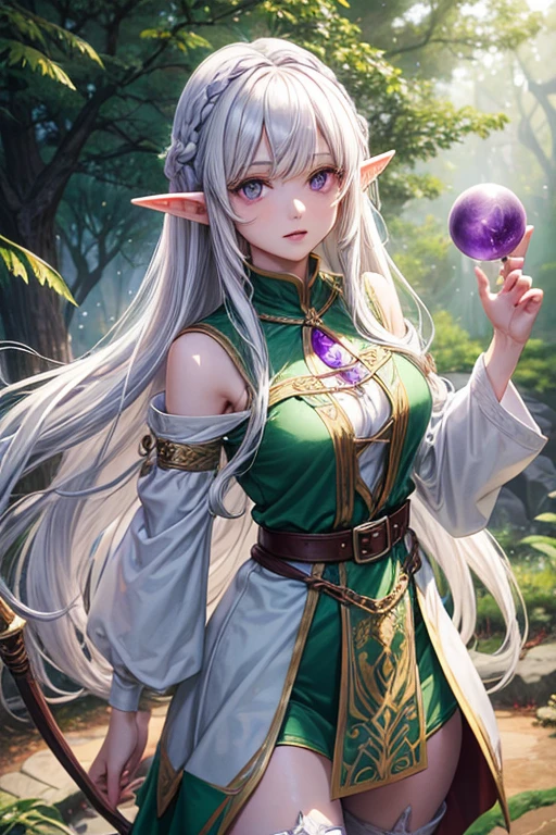 30 year old elf woman with long white hair, long messy hairstyle with a fringe, pointed elf ears medieval oracle clothing white habit with purple decorations Gray eyes holding a purple crystal orb brown boots brown leather belt jade ornaments on the forest background with magic symbols