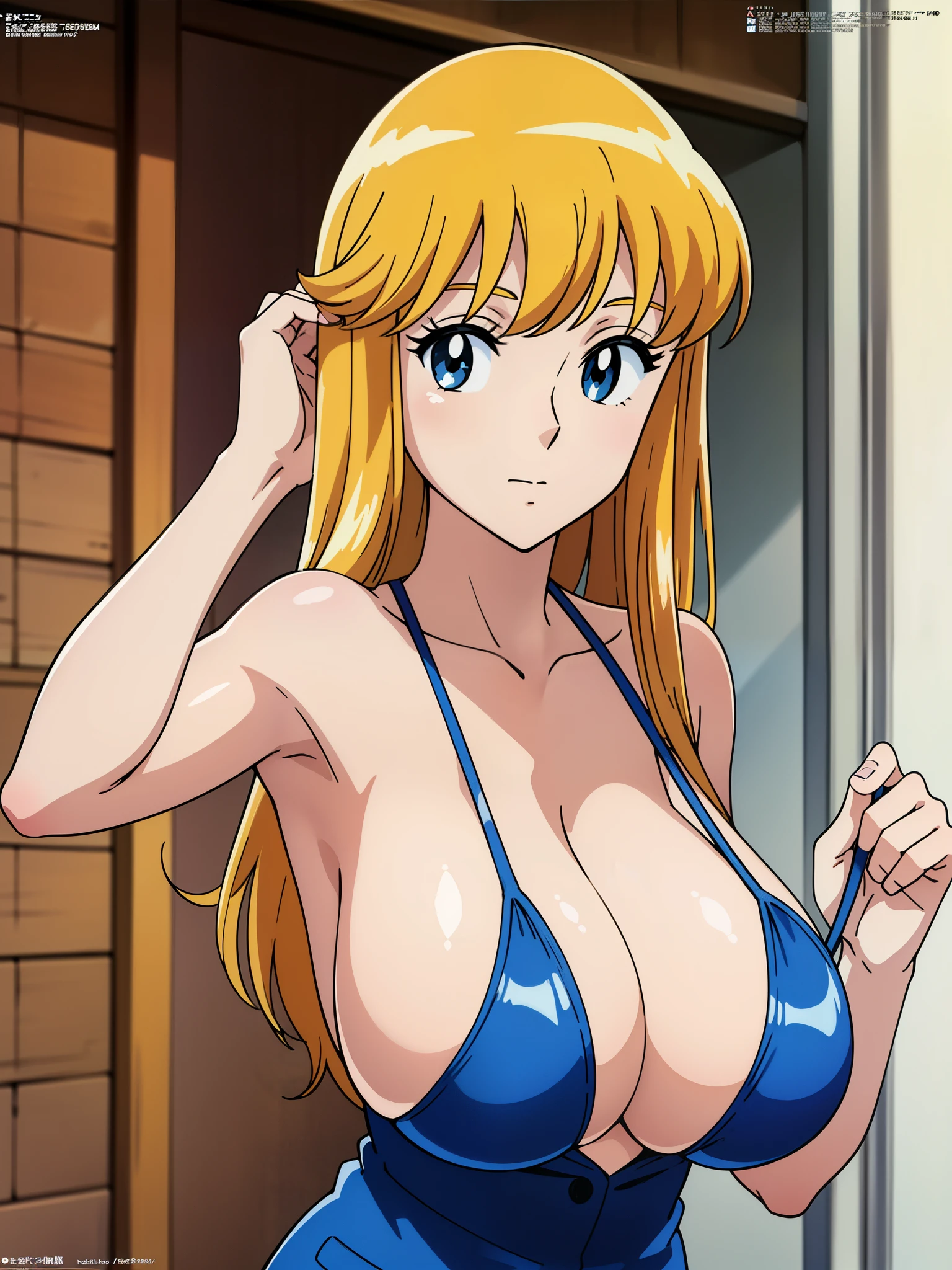 (anime cels style, Masterpiece, best quality, high resolution, anime colored, megami magazine:1.2, anime poster style, anime keyvisual, sharp, 8k, photorealistic), (beautiful eyes:1.5), reiko_aiwaifu, 1girl, blond hair, long hair, (sagging huge breast), micro bikini, cleavage, (upper body:1.3), (perfect detailed anatomy, perfect arms, perfect fingers, beautiful face, perfect body, shiny skin), onsen,