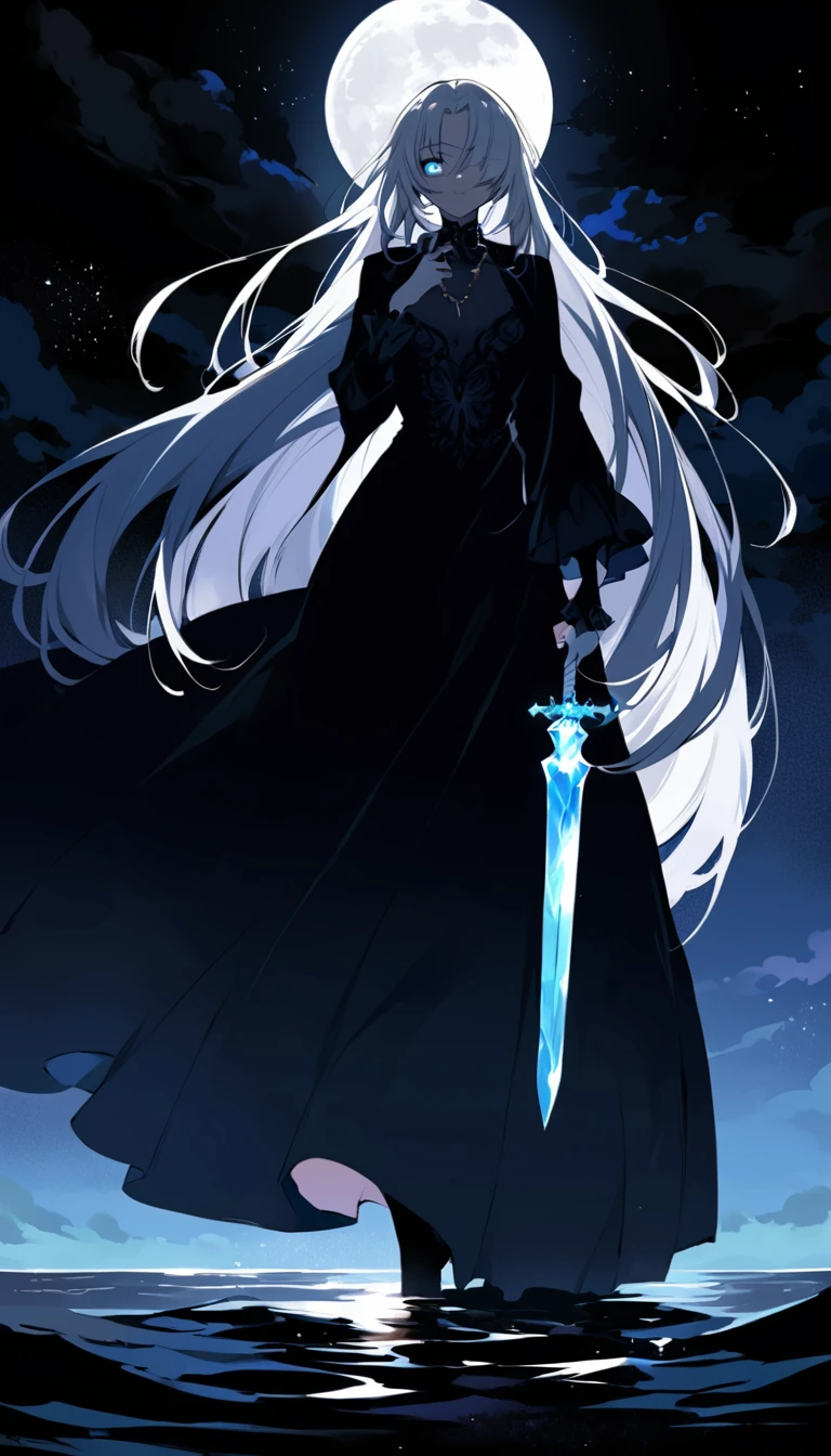 Moon, tall and wise woman, shrouded in mystery, gracefully stood on the endless shore of the black ocean. Her pale silhouette was illuminated by moonlight. She held an ice sword in her hand, like a work of art. Her face, full of expression and depth, it looked like a silhouette, emerging from the center of darkness. Her eyes are the reflection of the moon, reflective awareness of suffering. There is a clearly visible scar on one eye. Her thin eyebrows add emphasis, and long, flowing bright silver hair, falling over the shoulder, contrast with the dark background. She was dressed in a male pirate captain's outfit. A silver ring sparkled on her finger.