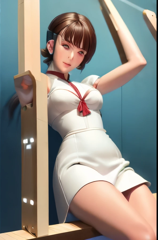 A Female robot is sleeping in the book, spread legs, nude, banzai pose. she wears no dress. She Brown short hair is tied with two big red clothespins, She lifts up the under hem of her white plain dress, leaning over, masterpiece, very short pigtails,brown hair, mature, android, blue eyes, full body figure, Height: 160cm, flushed cheeks, 2020s anime picture, A beautiful robot with short brown hair in two short pigtails held up by two very large huge red clothespins, Uplifting, No NSFW, whole body, barefoot, archaic smile, getting orgasm, 25 years old, sweat bucket.