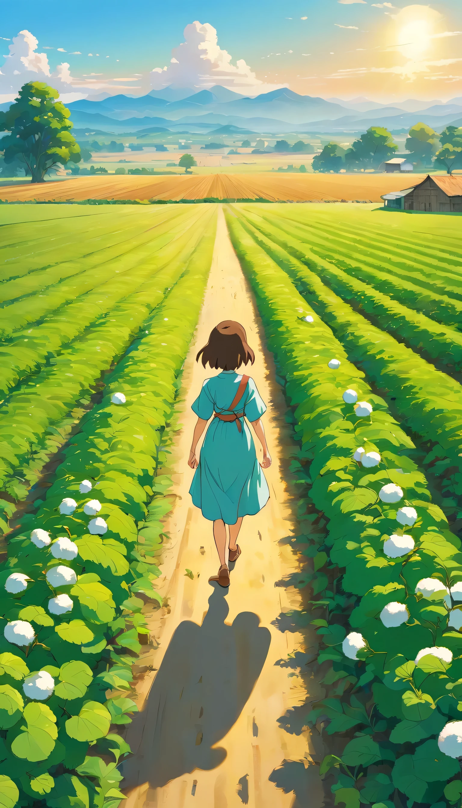 best quality,highres,ultra-detailed,cotton field,green and white,large plantation,beautiful patterns,harmony in colors,abundant crops,sunlit scenery,blue sky and fluffy white clouds,farm landscape,farmland scene,vibrant colors,nature's beauty,peaceful and serene,crisp and clear,high altitude view,fresh air and open space,a sense of tranquility,endless rows of cotton,soft and fluffy cotton balls,ripe and ready for harvest,expansive and vast,golden afternoon sunlight,gentle breeze swaying the crops,agricultural beauty,pure and natural,fields stretching to the horizon,detailed stalks and leaves,fresh and pure colors,every detail well-defined,rich and fertile soil,immersive and realistic scenery,peaceful countryside,quiet and calm setting,surrounded by nature,agricultural abundance,stillness of the landscape,remote and untouched,quintessential countryside,pristine and untouched by human hands