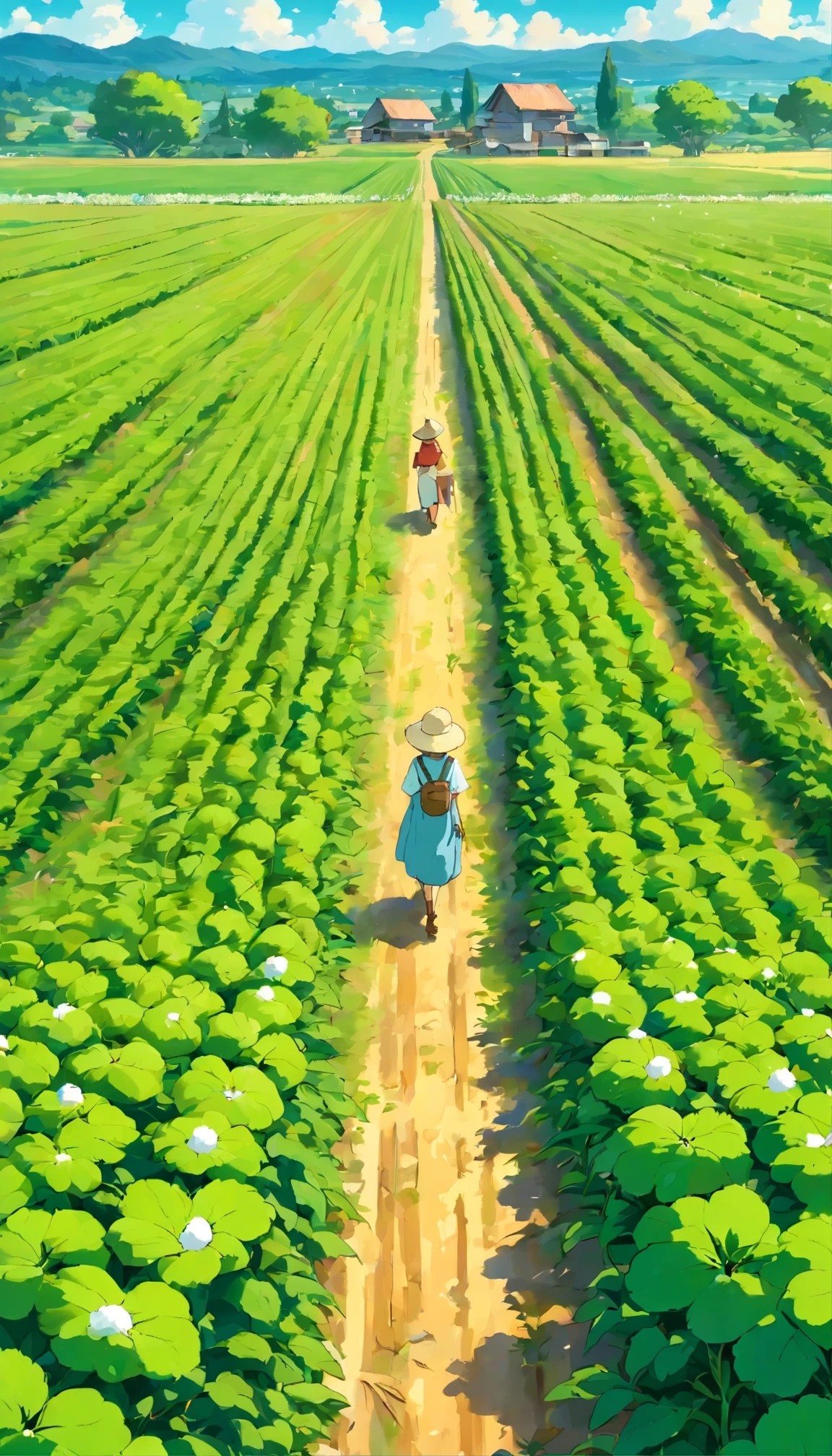 best quality,highres,ultra-detailed,cotton field,green and white,large plantation,beautiful patterns,harmony in colors,abundant crops,sunlit scenery,blue sky and fluffy white clouds,farm landscape,farmland scene,vibrant colors,nature's beauty,peaceful and serene,crisp and clear,high altitude view,fresh air and open space,a sense of tranquility,endless rows of cotton,soft and fluffy cotton balls,ripe and ready for harvest,expansive and vast,golden afternoon sunlight,gentle breeze swaying the crops,agricultural beauty,pure and natural,fields stretching to the horizon,detailed stalks and leaves,fresh and pure colors,every detail well-defined,rich and fertile soil,immersive and realistic scenery,peaceful countryside,quiet and calm setting,surrounded by nature,agricultural abundance,stillness of the landscape,remote and untouched,quintessential countryside,pristine and untouched by human hands