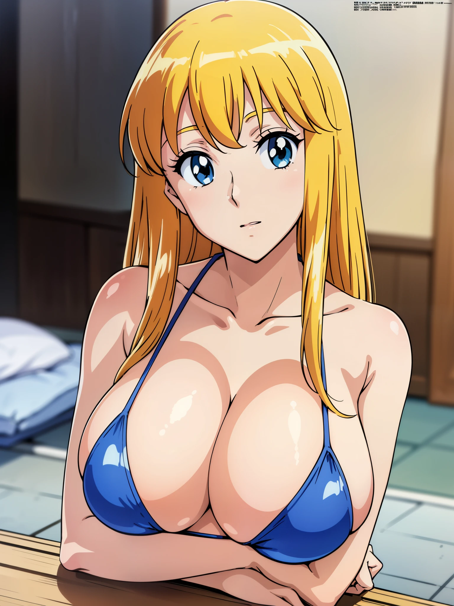 (anime cels style, Masterpiece, best quality, high resolution, anime colored, megami magazine:1.2, anime poster style, anime keyvisual, sharp, 8k, photorealistic), (beautiful eyes:1.5), reiko_aiwaifu, 1girl, blond hair, long hair, (sagging huge breast), micro bikini, cleavage, (upper body:1.5), sitting, (perfect detailed anatomy, perfect arms, perfect fingers, beautiful face, perfect body, shiny skin), onsen, 