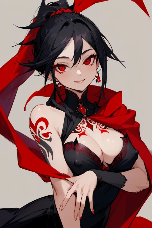 ((highest quality)), ((masterpiece)), (be familiar with),One female,Black Hair,Red eyes,Black Dress,Chest tattoo, Bewitching Smile,Heel,Black Hair,Hair tied around the neck,Red shawl,Erect nipples