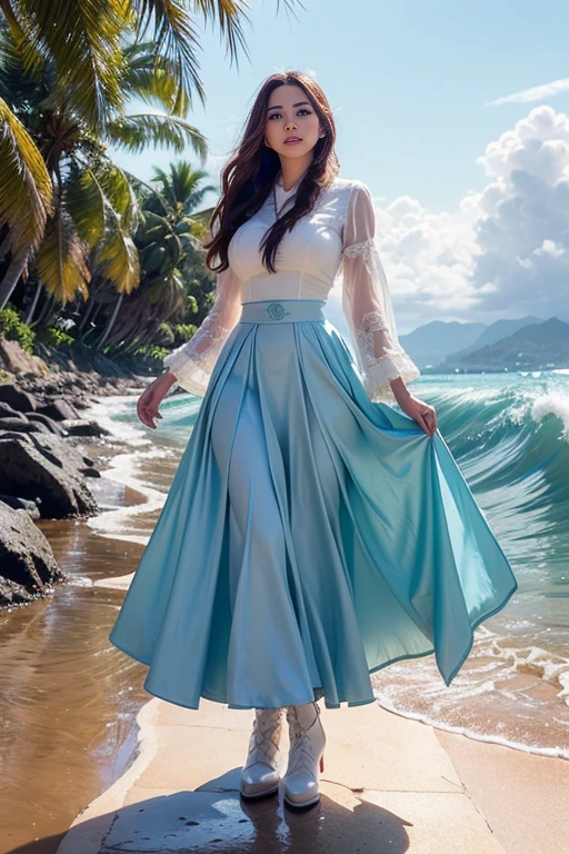 Beautifull malay women in hijap, (skindentation:1.5), Realistic, Photorealistic, (masterpiece:1.5), concept art, intricate details, highly detailed, photorealistic, octane render, 8k, unreal engine, dynamic pose, best quality, highres, (realistic face:1.1), (hyperrealistic:1.1), ((full_body)), perfect eyes,(shiny skin:1.2), (((hairstyle))), (((perfect hands))), (extremely detailed background), ((dynamic background)), ((lightning)), (light rays), ((1girl)), 8k, dramatic angle, (fluttered detailed color splashs), (illustration), (((1 girl))), (black long hair), (rain:0.9), Hanfu, cheongsam, air accessories, colored ink drawing, (sketching:0.8), (denoising:0.6), [splash ink], ((ink refraction)), (beautiful detailed sky), background bokeh, beach, ((huge wave)), (masterpiece, best quality, extremely detailed), ((wearing pale blue fluffy dress)), (((long skirt))), (((long sleeves))), white boots, water magic, ((full body)), battle action