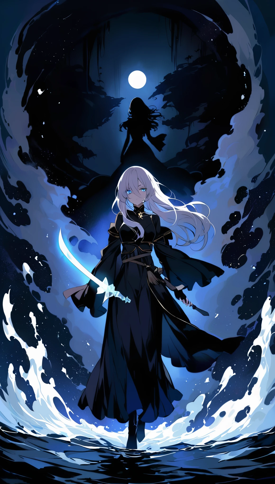 Moon, tall and wise woman, shrouded in mystery, gracefully stood on the endless shore of the black ocean. Her pale silhouette was illuminated by moonlight. She held an ice sword in her hand, like a work of art. Her face, full of expression and depth, it looked like a silhouette, emerging from the center of darkness. Her eyes are the reflection of the moon, reflective awareness of suffering. There is a clearly visible scar on one eye. Her thin eyebrows add emphasis, and long, flowing bright silver hair, falling over the shoulder, contrast with the dark background. She was dressed in a male pirate captain's outfit. A silver ring sparkled on her finger.