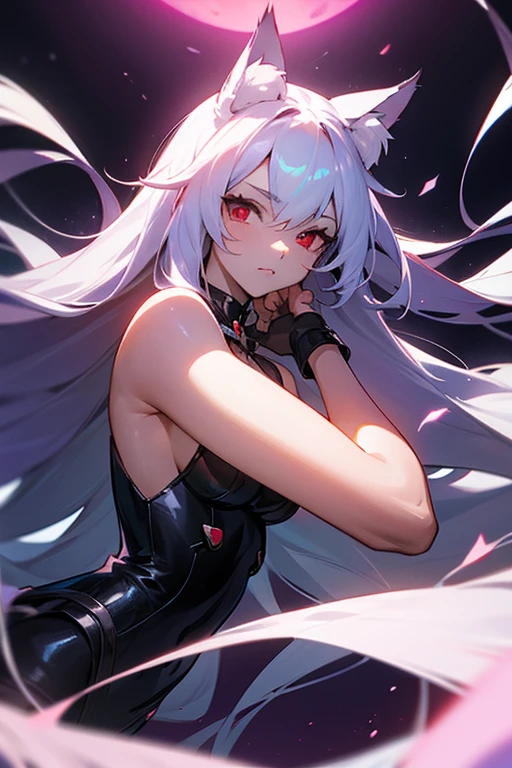 A beautifull catgirl, blank and long hair, red eyes, perfect eyes, perfect body, fighting, moonlight background