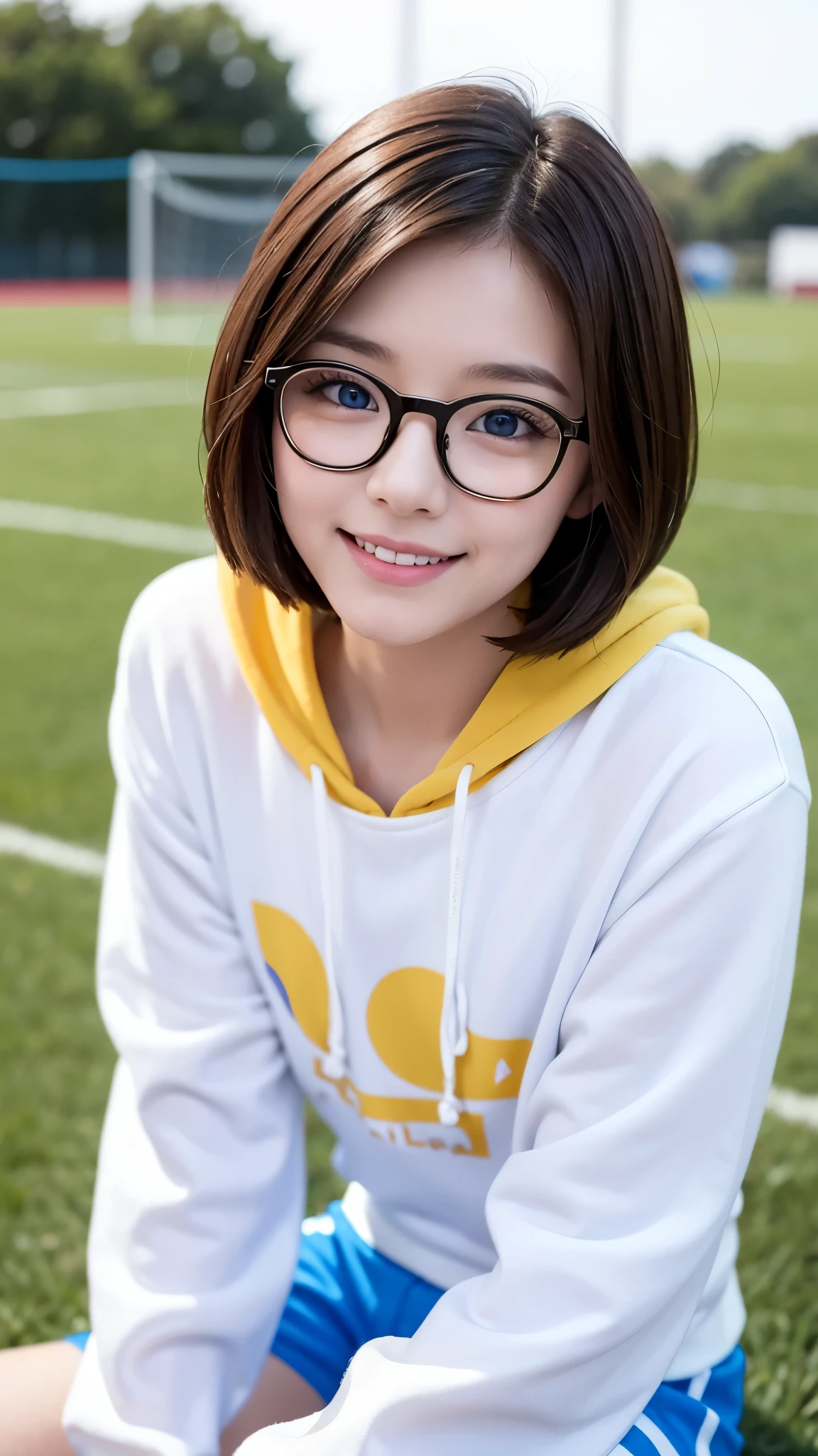 Asian、Cute girl、Blue Eyes、Brown Hair、Short Hair、smile、White skin、Yellow sweatshirt、Soccer field、Red-rimmed glasses、Thin glasses、Small glasses、
