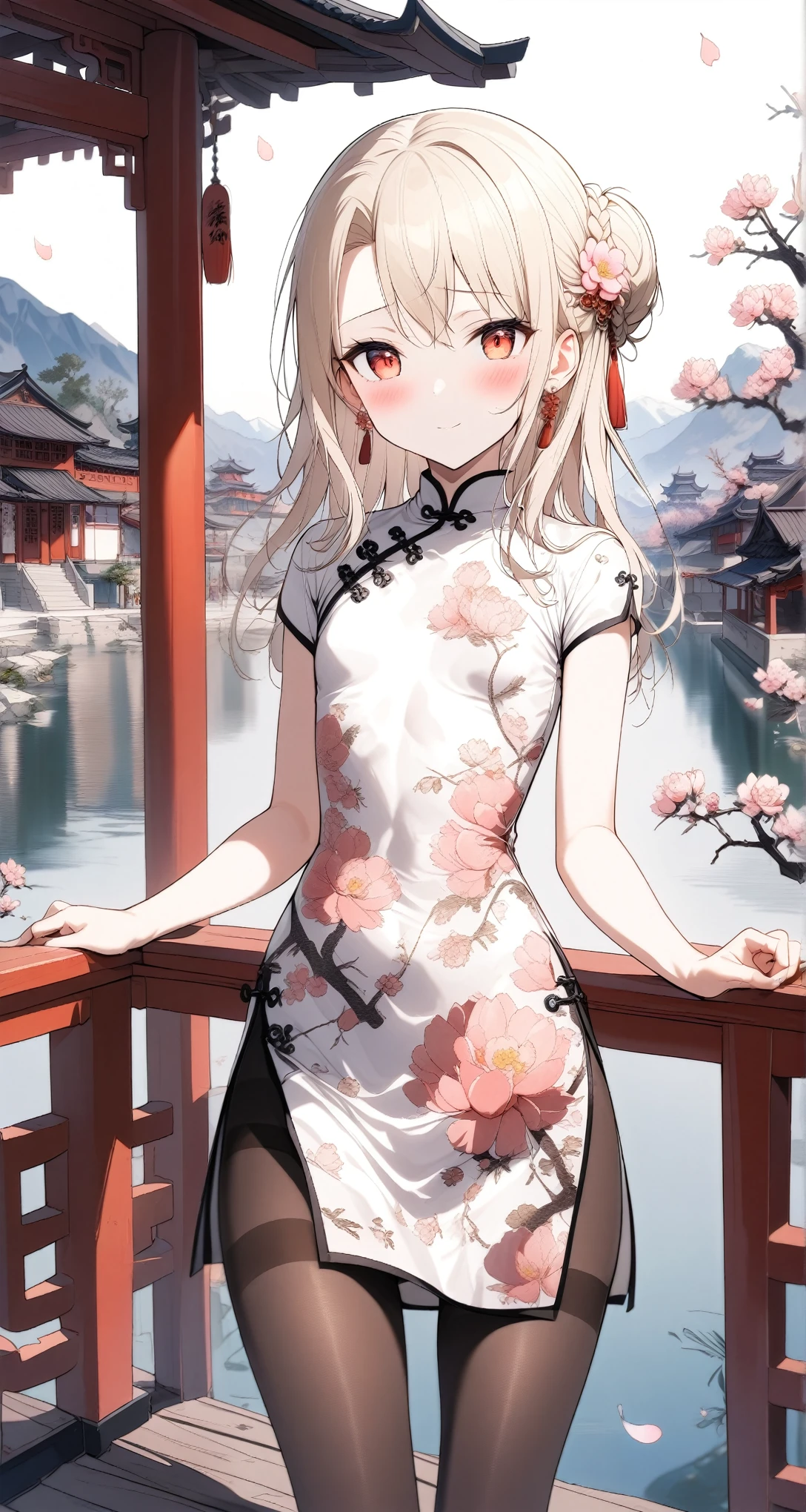 1girl,(illyasviel von einzbern),red_eyes,cream hair,(french braid),seductive smile,blush,flower,beautiful detailed_background,small breasts,butterfly,(qipao,china dress,chinese clothes,dress),gold trim,floral print,folding fan,jewelry,earrings,explicit,flower,general, hair_ornament,((peach blossom)),long_hair,looking_at_viewer,pantyhose,paper fan,print dress,solo,thighband pantyhose,questionable,sensitive,solo,tassel,tassel_earrings,(spring),Chinese style architecture, Chinese style, lake, ancient town, beautiful and meticulous water, (Fishing boat), pavilion,steam,Surrounding by falling peach blossoms petals,