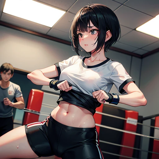 A cute Japanese high school girl with short-cut black hair. She is desperately working out her muscles at a mixed martial arts gym. Very sweaty, out of stamina, slender body, poor body, poor belly, small breasts, t-shirt, spats, open finger gloves.