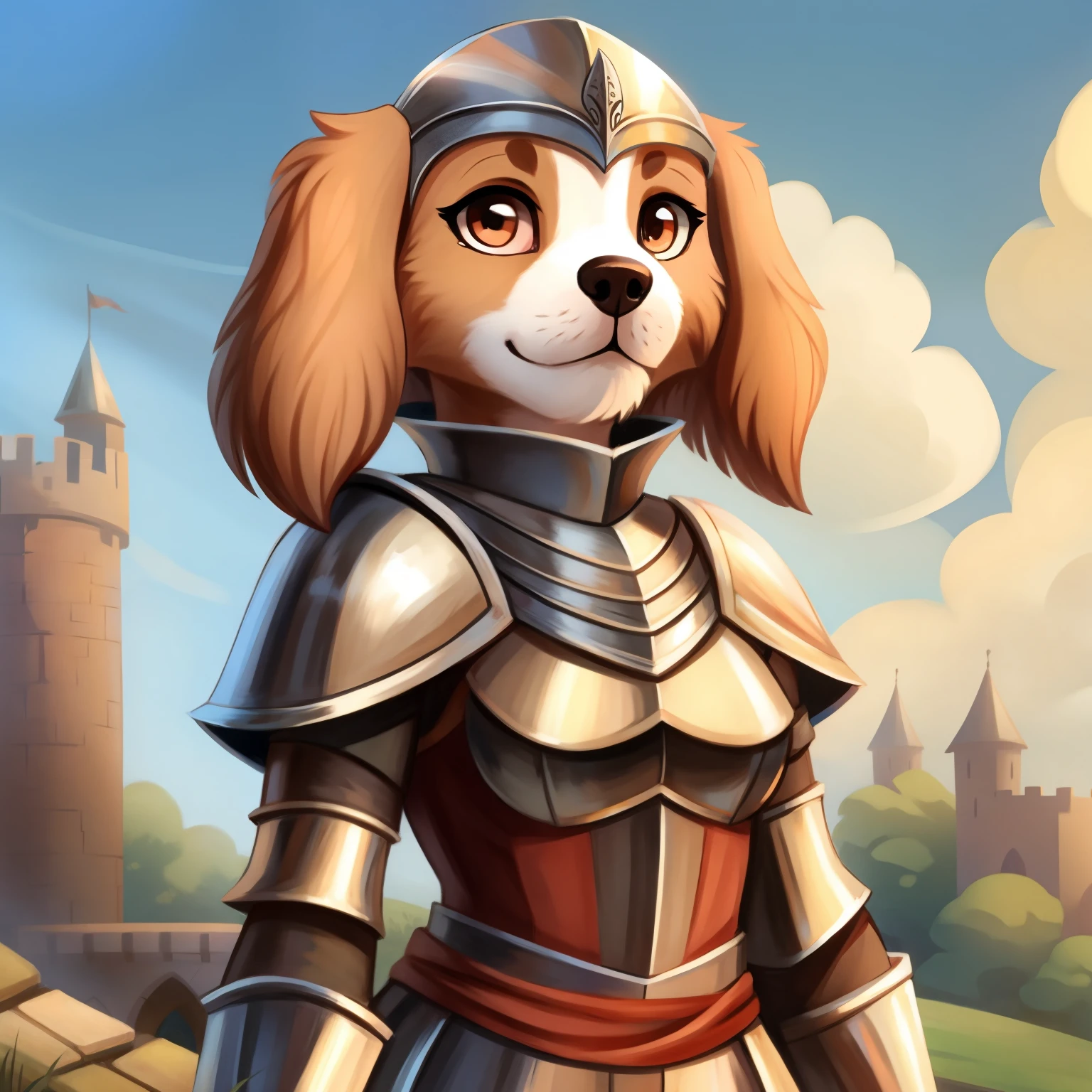 Lady the spaniel pup as furry knight girl, peach coloured fur, cute