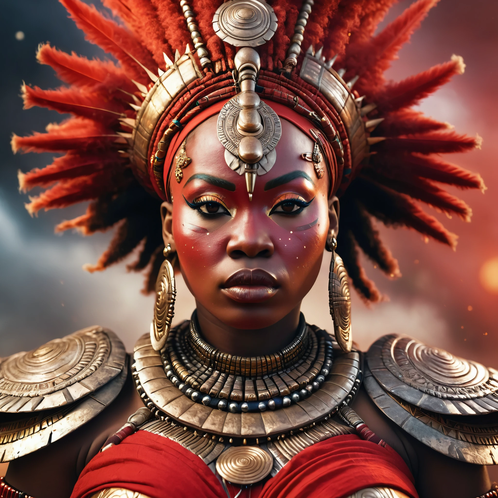 old vintage portrait, An African goddess wearing red African warrior clothes, queen, fat, thick body, photorealistic, dramatic lighting, face is highly detailed, high detail, wide angle, ultra quality, 8K, intricate details, afrofuturism fashion, cyberpunk, Orisha, african god, ember particles, thunder particles