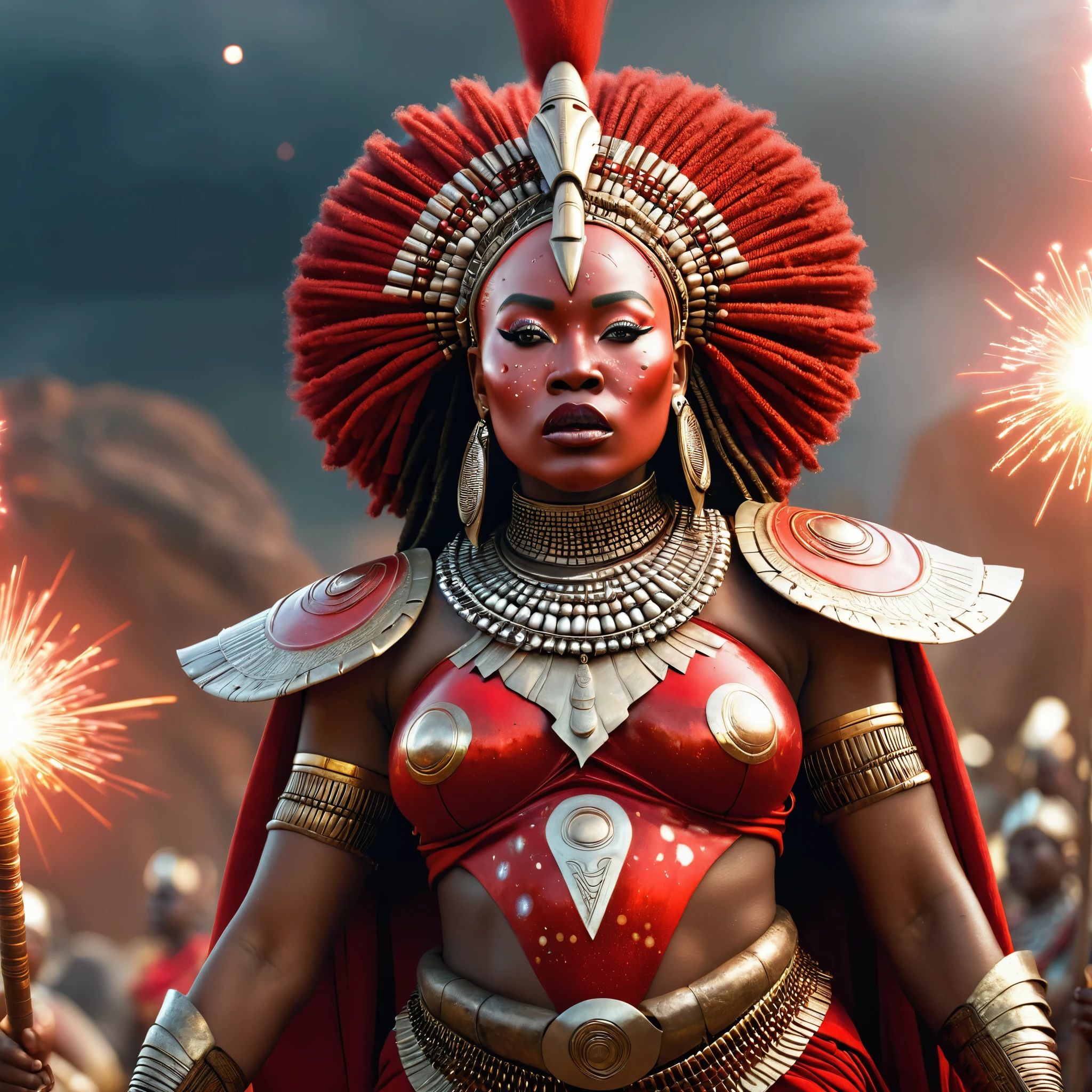 Orisha, 1980 movie style, An African goddess wearing red African warrior clothes, queen, fat, thick body, photorealistic, dramatic lighting, face is highly detailed, high detail, wide angle, ultra quality, 8K, intricate details, afrofuturism fashion, cyberpunk, Orisha, african god, ember particles, (((thunder particles)))