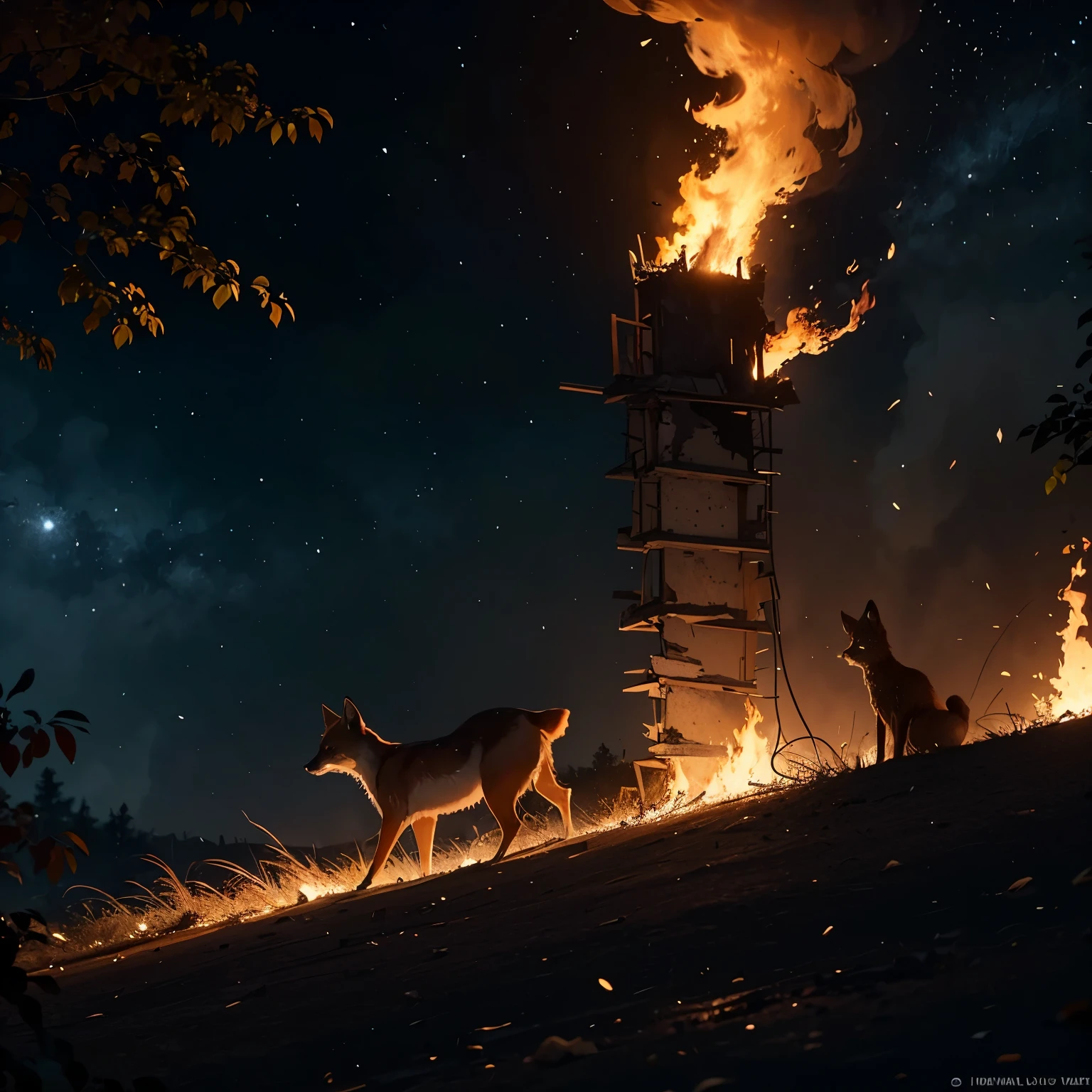 Un petit renard, vu de dos, contemplant au loin un vaste incendie infini