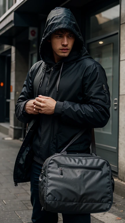 hooded guy with duffle bags