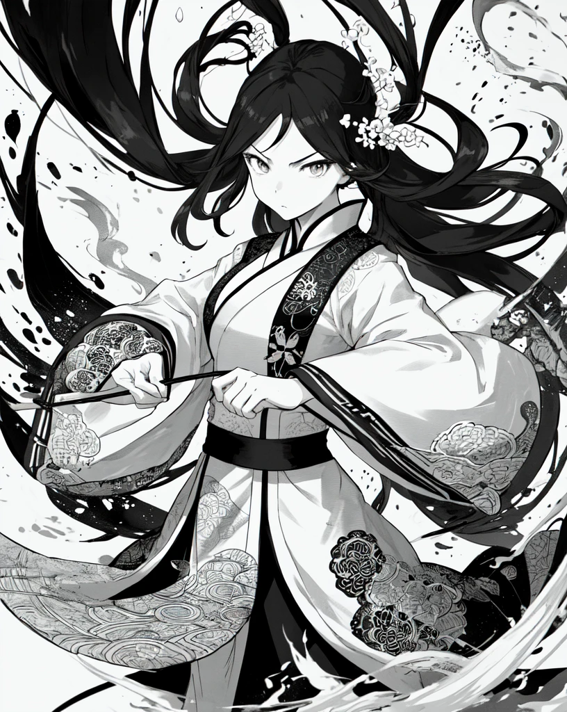 zydink, monochrome, ink sketch, asian (middle age woman), fighting stance, looking at viewer, long hair, floating hair, hanfu, chinese clothes, long sleeves, (abstract ink splash:1.2), white background