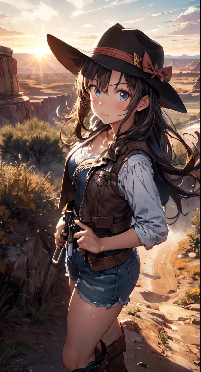 (best quality,ultra-detailed,realistic:1.37),wild west theme, dusty desert,
beautiful sunset, detailed revolver, brown fringe vest, cowboy hat, boots, horse,
wide-brimmed hat, flowing hair, determined expression, powerful stance, rugged landscape,  
golden hour lighting, intense gaze, sharpshooter skills, bounty poster, tumbleweed,
dynamic action, vibrant colors, adventure, danger, rugged beauty