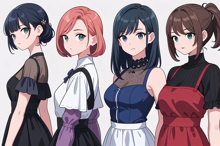(((Best Quality))) , ((upper body)), 4 lady, adult woman, (facing away), multiple views, white background, variety of hairstyles, variety of fashion styles, fashionable and trendy atmosphere, dark blue/dark orange/dark green/dark violet/brown/white, (looking to the side, from side),