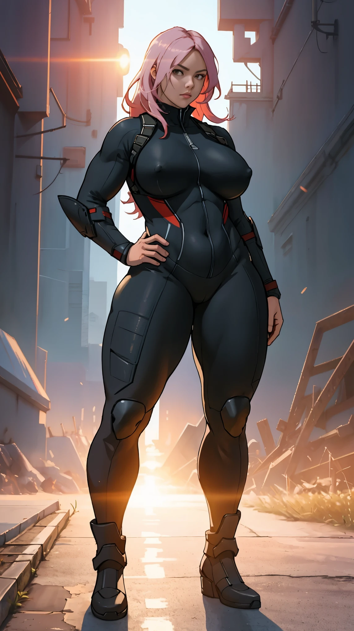 assassin, huge breasts, thin, wide hips, high res, high resolution, thick thighs, realistic, raw photo, thick thighs, armor bodysuit standing pose, nipple outline, sunset, beautiful lighting, full body, wallpaper, 4k, 8k, background good hands thicc