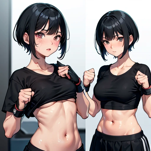 A cute Japanese high school girl with short-cut black hair. She is desperately working out her muscles at a mixed martial arts gym. Very sweaty, out of stamina, slender body, poor body, poor belly, small breasts, t-shirt, spats, open finger gloves.