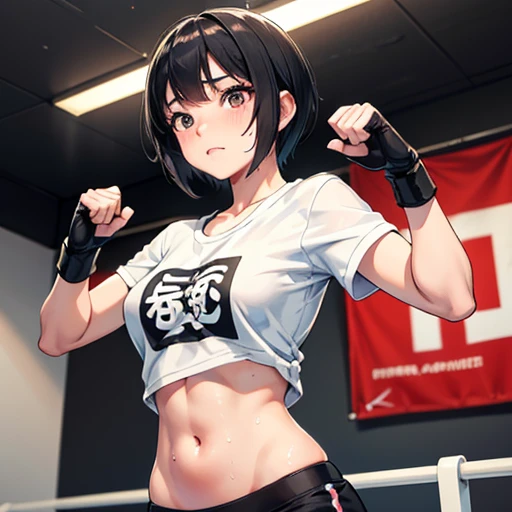 A cute Japanese high school girl with short-cut black hair. She is desperately working out her muscles at a mixed martial arts gym. Very sweaty, out of stamina, slender body, poor body, poor belly, small breasts, t-shirt, spats, open finger gloves.