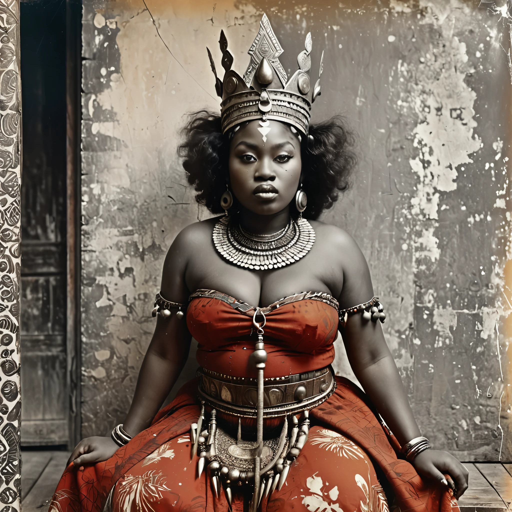 very old photo style, vintage shot, studio portrait of an (fat African goddess) ((mouting)) a bufallo, ((riding a bufallo)), a wearing red African warrior clothes, queen, fat, ((thick body)), detailed, vintage destroyed photography, intricate detail, very detailed, a masterpieces, hyperdetailed trending on artstation, blurred, studio photo, volumetric lighting 1500s photograph of a tribal queen full body, large format, highly detailed, Kodak Tri-x 400, AnalogFilm768