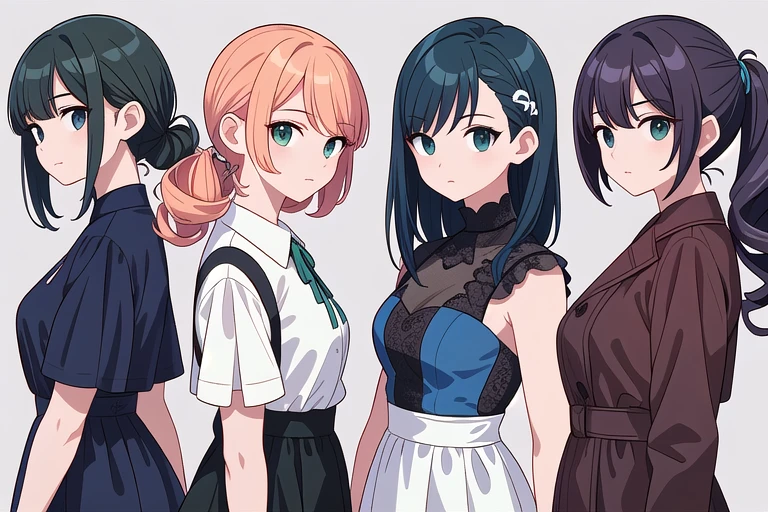(((Best Quality))) , ((upper body)), 4 lady, adult woman, (facing away), multiple views, white background, variety of hairstyles, variety of fashion styles, fashionable and trendy atmosphere, dark blue/dark orange/dark green/dark violet/brown/white, (looking to the side, from side),
