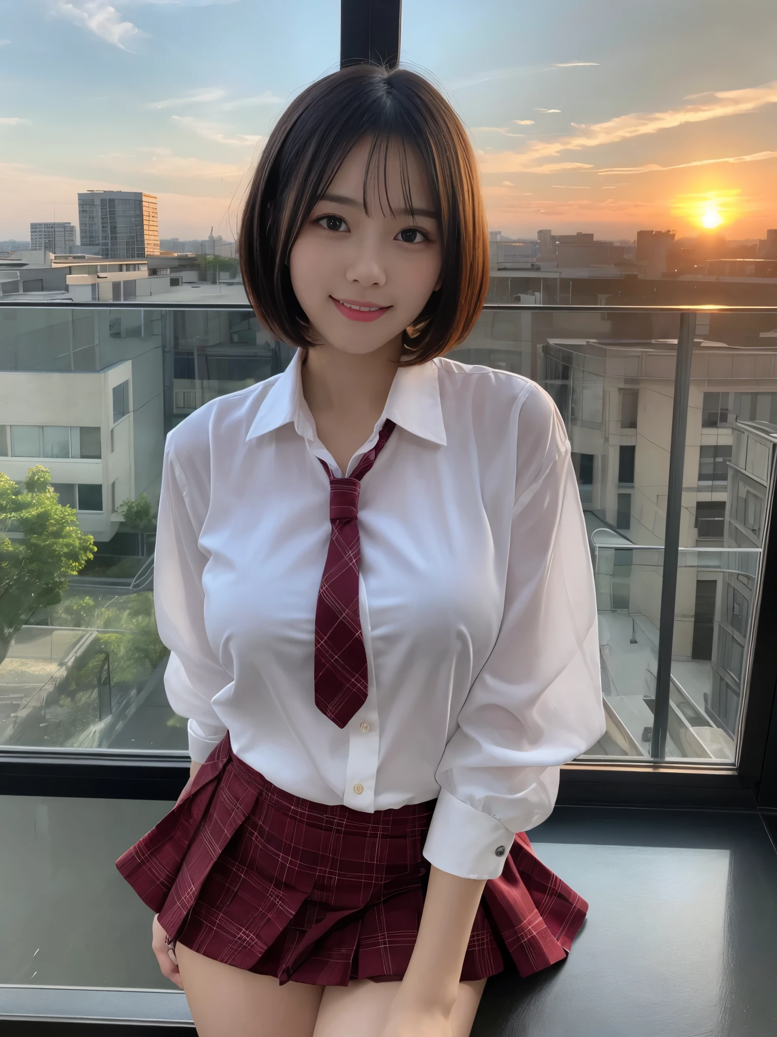 masutepiece, Best Quality, Illustration, Ultra-detailed, finely detail, hight resolution, 8K Wallpaper, Perfect dynamic composition, Beautiful detailed eyes, ribon tie, high , frilled Mini skirt, Very short bob hair, gigantic breasts, Bold sexy poses, Smile, school, 18 years girl, Cute, Sexy shot looking at camera, sunset, by the window,