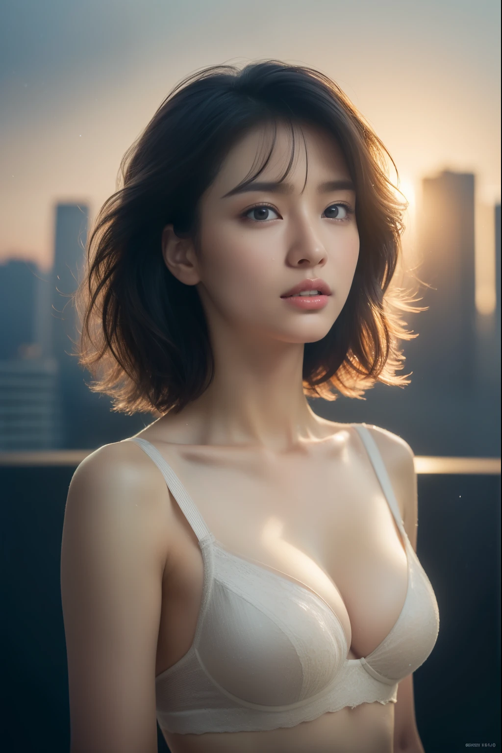 Random pose, Mix 4, (8k, original photo, best quality, masterpiece: 1.45), (actual, lifelike: 1.37), One girl, Lovely, city View, night, rain, wet, professional lighting, photon mapping, Radiosity, Physically based rendering, gradient black hair, short curly hair, Handsome, girl, high quality photos, high resolution, 1080P, (clear face), (detailed facial description), (Detailed description of the hand), (masterpiece), (Exquisite CG), Extreme light and shadow, messy hair, masterpiece, Rich in details, (Exquisite facial features), (best quality photos), (masterpiece), (beautiful eyes), look in front of you, Thin clavicle,bra strap, ((mid-shot, waist to top))