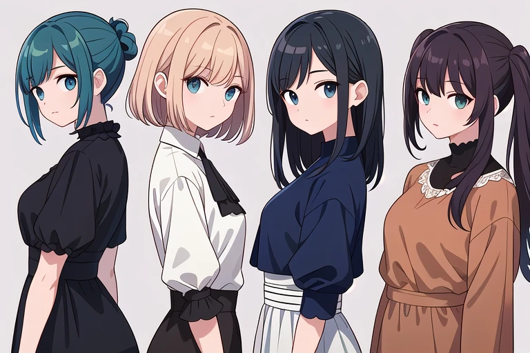 (((Best Quality))) , ((upper body)), 4 lady, adult woman, (facing away), multiple views, white background, variety of hairstyles, variety of fashion styles, fashionable and trendy atmosphere, dark blue/dark orange/dark green/dark violet/brown/white, (looking to the side, from side),
