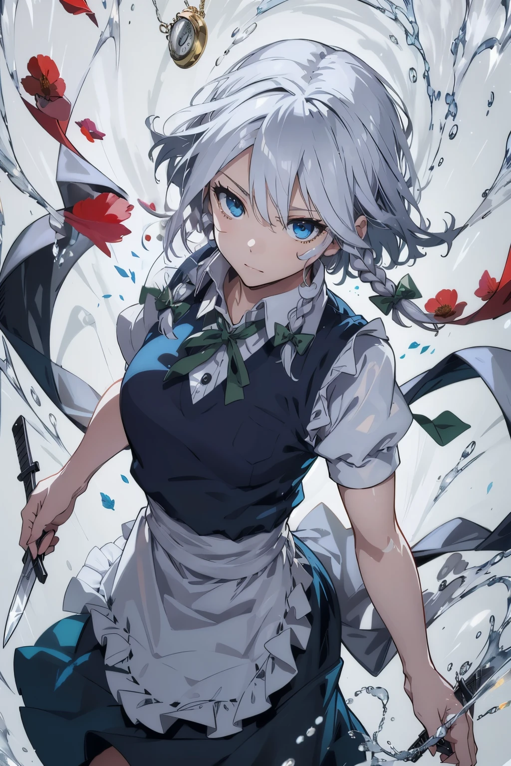 masterpiece, best quality, illustration, 1girl, solo, Izayoi Sakuya, (white short hair), maid headband, sharp eyes, (vivid color), light, thick smoke:1.6, (floating white ink:1.8), Cyan flame, (beautiful and clear background:1.25), (depth of field:0.7), Dreamlike, (highres:1.2), (ultra-detailed:1.2), (extremely detailed CG unity 8k wallpaper:1.2), (traditional media), (sketch:1.1), finely detailed beautiful eyes and detailed face, Knives, (flying petals:1.2), (knives in right hand and pocket watch in left hand:1.3), Knifefight, dynamic colors, colorful, dynamic pose, dynamic angle, (from above:1.5), Touhou, knife, holding Knives, izayoi sakuya, medium breasts, (detailed eyes), cute, beauty, HDR, 4K, nier anime style, harmony, fighting stance, izayoi sakuya