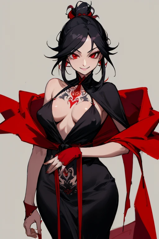 ((highest quality)), ((masterpiece)), (be familiar with),One female,Black Hair,Red eyes,Black Dress,Chest tattoo, Bewitching Smile,Heel,Black Hair,Hair tied around the neck,Red shawl,Erect nipples,(whole body),Slanted Eyes
