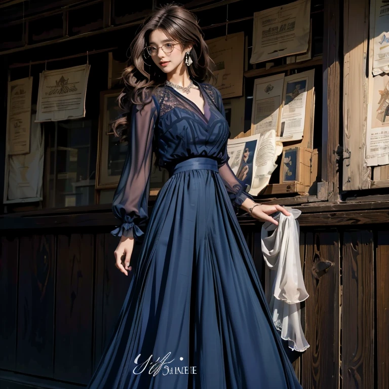 (masterpiece, highest quality, highest quality), (((Perfect body))),Ragged hair,Middle Hair,Chignon Hair,(((Ash brown hair color))),beautifully,Mysterious:1.2, (One Girl:1.3), Very detailed, Mature Woman,A kind smile,(((Dark blue jumpsuit))),Boston-type glasses, (Mouth closed), (highest qualityのmasterpiece:1.2) Delicate illustrations, Most detailed,Very thin body, ((Monogram lace)),((Chiffon long skirt、Chiffon blouse:1.3)) 、Single Blade,patterned high heels, Big Breasts, Book_stack, library, ((vine)), Looking at the audience,whole body,Elegant high heels,(Shiny skin), (Many colors:1.4), ,(Earrings),((necklace)),