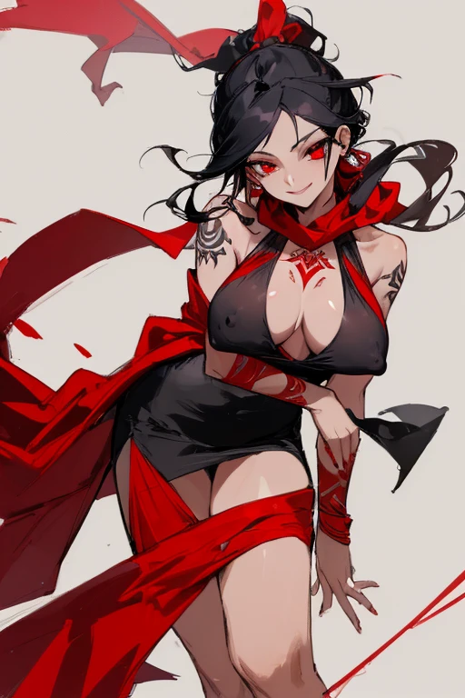 ((highest quality)), ((masterpiece)), (be familiar with),One female,Black Hair,Red eyes,Black Dress,Chest tattoo, Bewitching Smile,Heel,Black Hair,Hair tied around the neck,Red shawl,Erect nipples,(whole body),Slanted Eyes