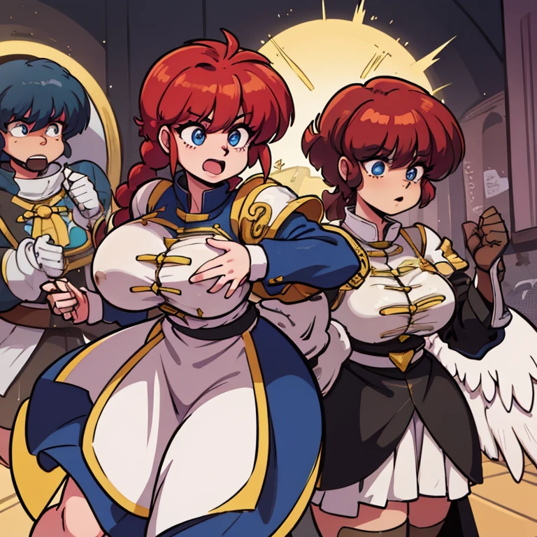 RanmaChan, cabello rojo, Cabello con trenza, ojos azules, ojos detallados, Wairrors angelicales (valquiria, paladin, sacerdotisa) alas grandes, Alas de angel, oreola dorada,