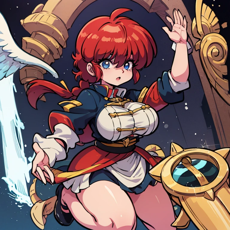 RanmaChan, cabello rojo, Cabello con trenza, ojos azules, ojos detallados, Wairrors angelicales (valquiria, paladin, sacerdotisa) alas grandes, Alas de angel, oreola dorada,