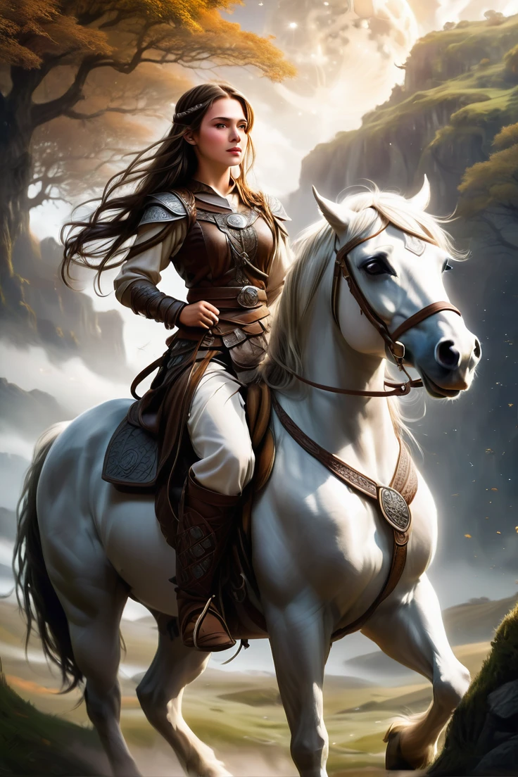 Un prado con la luna creciente, una mujer, hermosa, ojos grises,cabello blanco lleno de trenzas, guerrera vikinga, 3D, magical viking woman, ethereal, vestida con falda de cuero, botas negras, blusa blanca, arco y escudo, mujer vikinga, riding a brown horse 