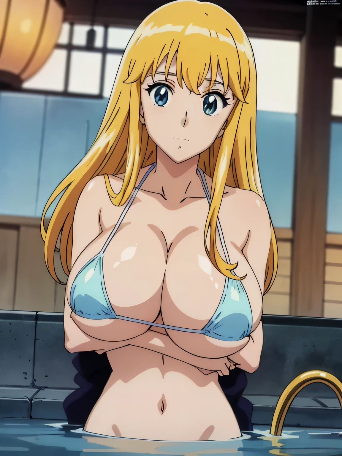 (anime cels style, Masterpiece, best quality, high resolution, anime colored, megami magazine:1.2, anime poster style, anime keyvisual, sharp, 8k, photorealistic), (beautiful eyes:1.5), reiko_aiwaifu, 1girl, blond hair, long hair, (sagging huge breast), micro bikini, cleavage, (upper body:1.3), (perfect detailed anatomy, perfect arms, perfect fingers, beautiful face, perfect body, shiny skin), onsen,