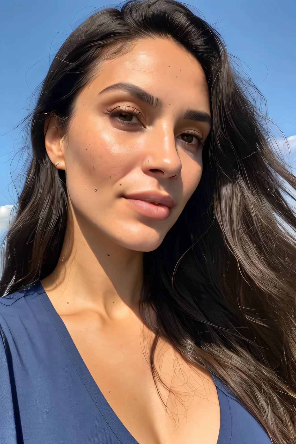 raw selfie of a pretty 24-year-old woman with long dark hair , natural skin texture, realistic skin texture, some blemishes, (skin pores:0.7), (skin oils:0.4), outdoors, (blue sky in the background:1.2),