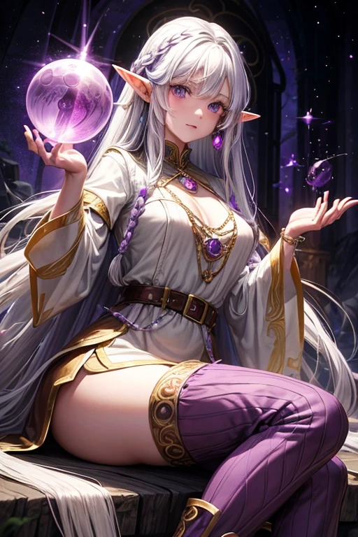 40 year old elf woman with long curly white hair, long messy hairstyle with fringes, pointed elf ears, medieval oracle clothing, purple habit with purple trim, quartz jewelry gray eyes holding a purple crystal orb, brown boots, brown leather belt, purple ornaments on forest background with magic symbols