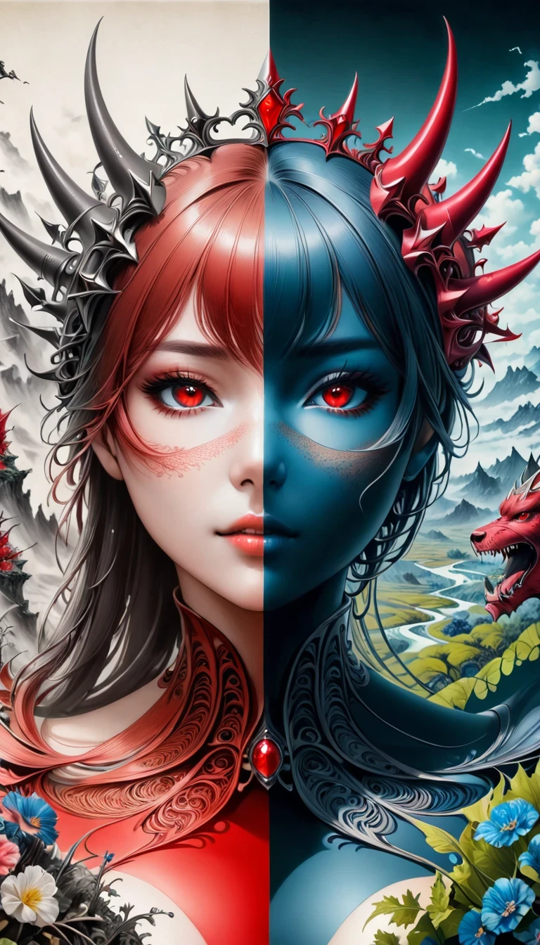 (Nick Vesey style:1.3),Demon Crown,(Mysterious landscape),[There is a lot of suspense],fantasy,dark,Dark,atmosphere,Dark,(Magical stone showing modern technology model),Put the audience into a state of numbness and indifference,(Demon Crown:1.3),(King of dangerous beasts:1.2),(Transformed by future technology:1.2),(Red Crimson Palette:1.2),(Fractal Art:0.9),The artwork should transition from a pencil drawing style in 黑色的 and white on the left half to vibrant colors on the right half, Ensure seamless integration of the two halves，No dividing line, The scenes on both sides are exactly the same, with the left side featuring detailed 黑色的 and white pencil strokes and the right side filled with colors, Create a fusion
