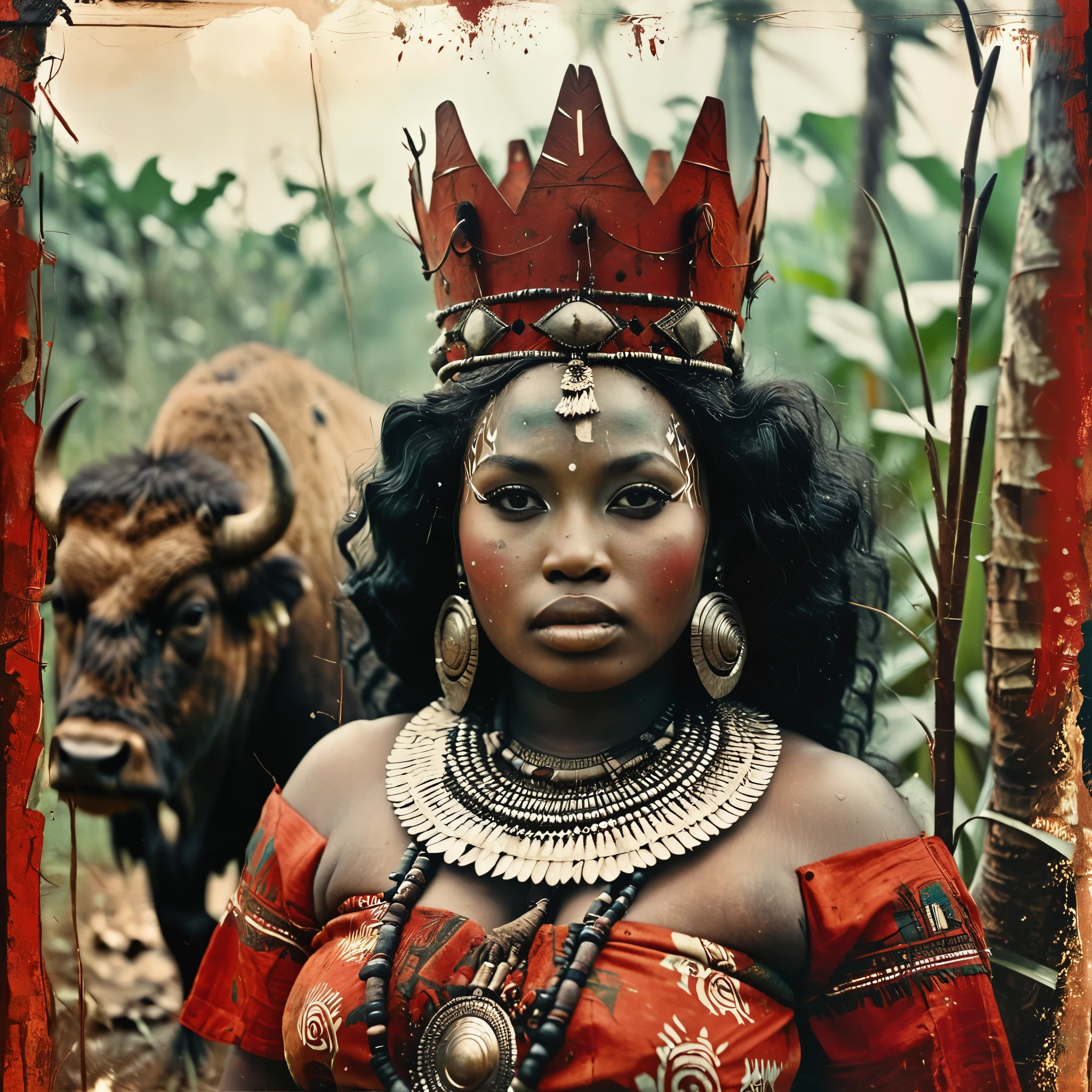 old photo style, beautiful face, detailed face, vintage shot, studio portrait of an (fat beautiful African goddess) with a buffalo on your side, a wearing red African luxury tribal dress clothes, queen crown, fat, ((thick body)), detailed, vintage destroyed photography, intricate detail, very detailed, a masterpieces, hyperdetailed trending on artstation, blurred, jungle studio photo, volumetric lighting 1500s photograph of a tribal queen full body, large format, highly detailed, Kodak Tri-x 400, AnalogFilm768